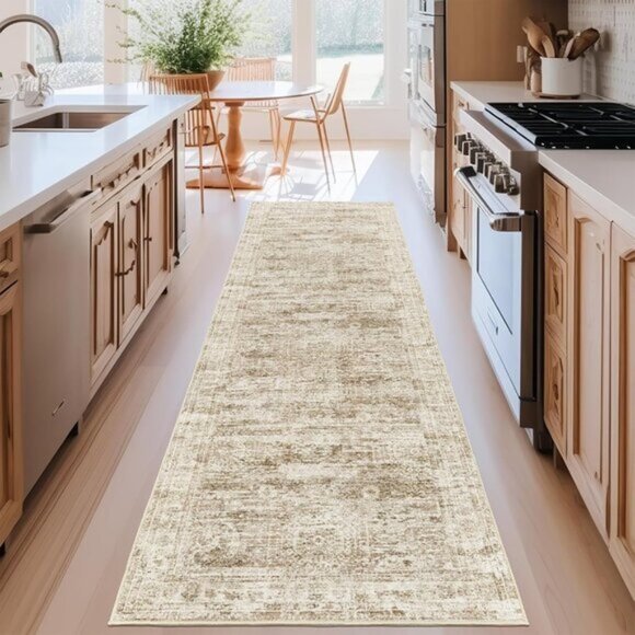 2.5x8ft Non-Slip Kitchen Runner Rug, Washable Low Pile Vintage Rug, Brown/Ivory